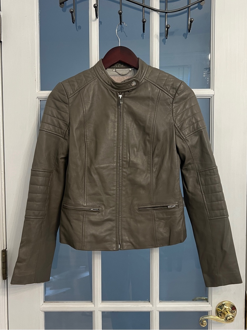 BANANA REPUBLIC Women’s Olive Gray Lamb Leather Moto Biker Jacket Quilted Zip XS